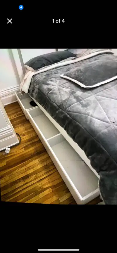 IKEA Full size songesand WHITE bed with headboard, footboard, side rails and two large storage drawe...