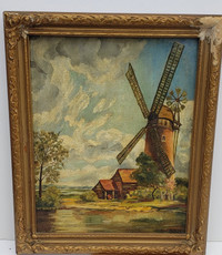 Windmill Oil Painting Signed Framed Art