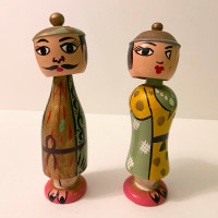Vintage Oriental Wooden Nodder Dolls Asian Bobble Head 6 Inch