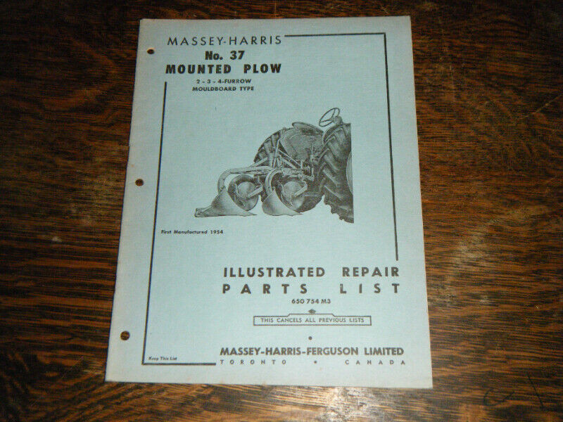 Massey Harris 37 Mounted plow  Parts List manual 1955 for sale  
