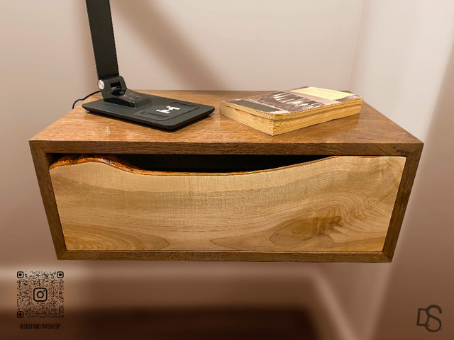 Floating Black Walnut Nightstands with Live Edge Maple Drawer in Other Tables in Brantford