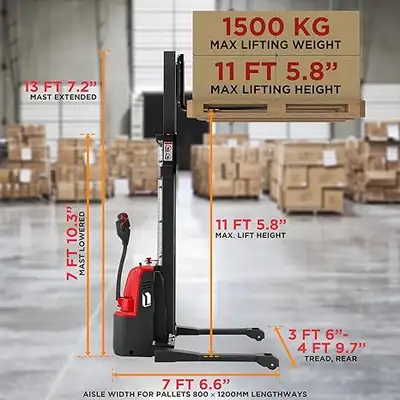 Full Electric Straddle Stackers - 3300lb Capacity, 11.5 ft Lift, View more
