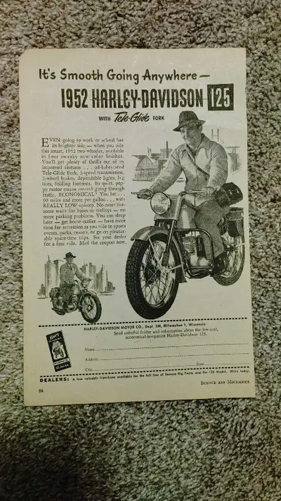 Original vintage Harley Davidson print Ad taken directly from the February 1952 issue of Science & M...