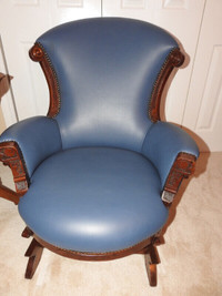 antique platform rocker, restored, new blue leather from Italy