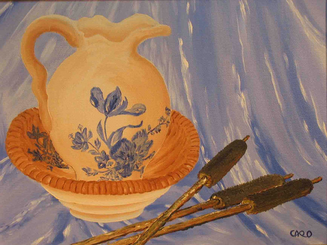 Peinture à l’huile « Pot de chambre et quenouilles » à bas prix dans Art et objets de collection  à Longueuil/Rive Sud