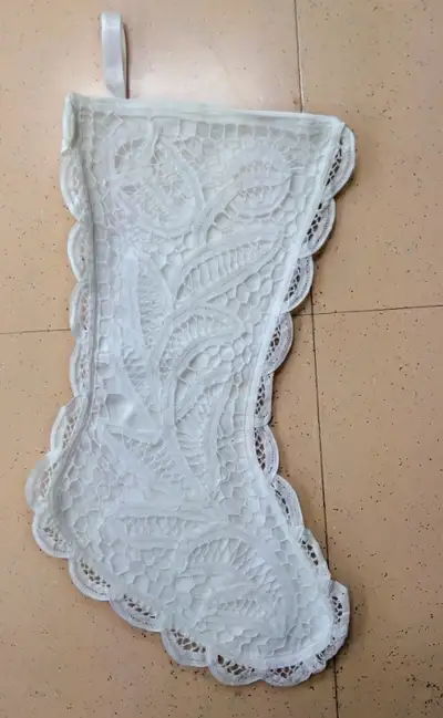 Vintage White Christmas Stocking Battenburg Lace, never used. White, lined with scalloped edge. 15"...