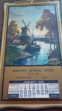 1945 Calendar, Martin's General Store, Hawkesville, Phone 762