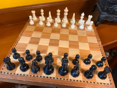 Vintage Folding Wood Chess Set with Plastic Weighted Pieces, View more