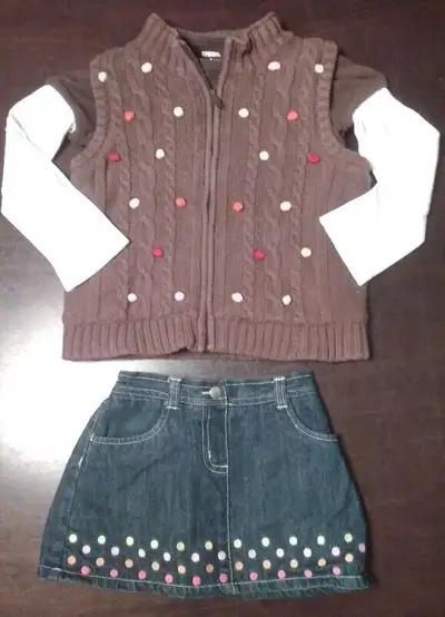 Very cute Gymboree brown vest with polka dot, jean skirt with polka dot and long sleeved shirt in gi...