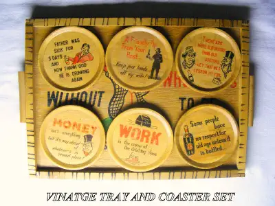 Vintage 50s Drinkers wood tray 6 wood coasters - happy services, View more