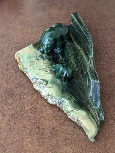 Jade Sculpture of Momma Bear and Baby Bear Fishing, View more