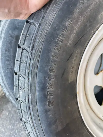 4 camper trailer tires on rims. Lot’s of tread. See pics for size