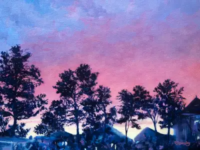 “Last Light of Day”, oil on canvas by local artist (seller) . Framed in a black solid wood “inset” (...