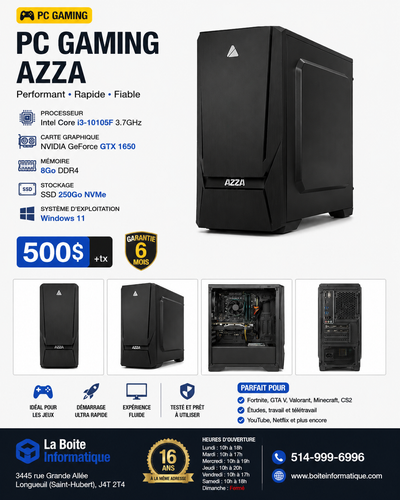 PC Gaming GTX 1650 Intel i3-10105F 8Go DDR4 SSD 250Go NVMe, View more