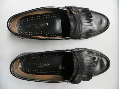 Men's Black Leather Dress Shoes 9E by Cole Haan Size 9E (wide feet). Strap with buckle. Made in USA....