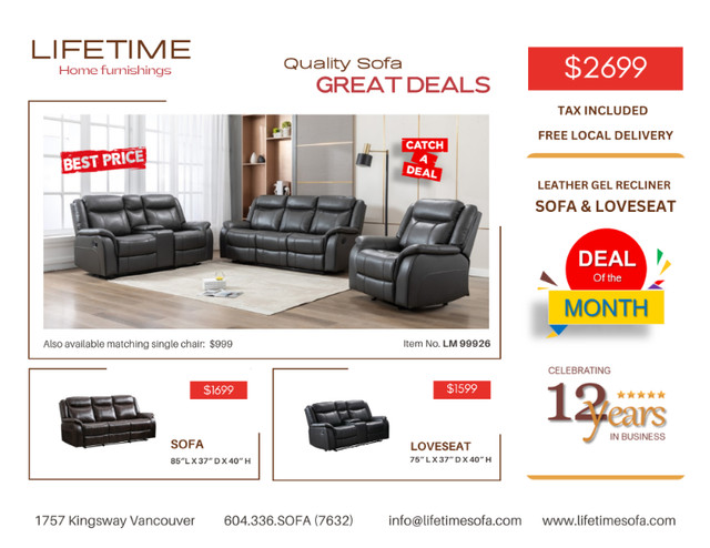 Genuine Top Grain leather reclining sofa set Electric Recliner in Couches & Futons in Vancouver - Image 3