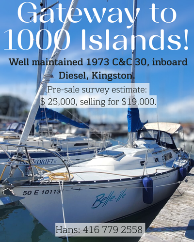 GATEWAY to 1000 Islands! Well maintained C&C 30, inboard DIESEL, Kingston. Pre sale SURVEY estimate:...