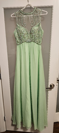 SEAFOAM GREEN PROM DRESS WITH PEARL ACCENTS