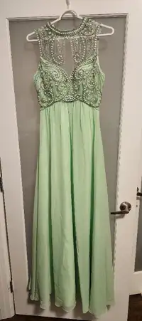 SEAFOAM GREEN PROM DRESS WITH PEARL ACCENTS