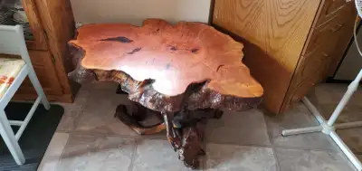 Vintage Live Edge Burl Coffee Table on top of Root Base, View more
