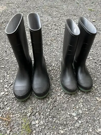 2 pairs of Rubber Boots. Used once for a backcountry trip, excellent condition. Sizes 13 and 8. $10...
