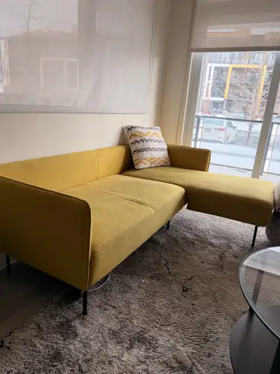 Mustard yellow Dijon sectional from Structube. Modern, compact mini L-shape—perfect for condos or sm...