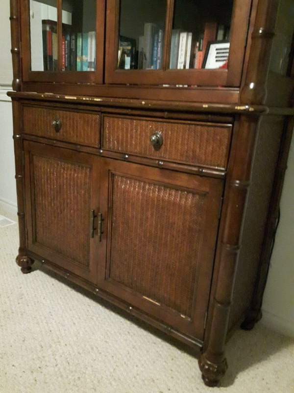 Solid Teak Wood Hutch and Buffet, Glass Accented Double Doors