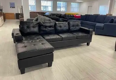 Black  Leather Sectional Sofa with Cup Holders, View more