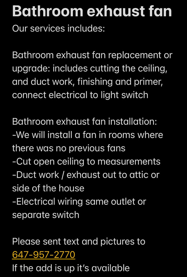Bathroom Exhaust Fan 647-957-2770 in Indoor Lighting & Fans in Oshawa / Durham Region - Image 2