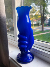 Vintage Cobalt Blue/White Cased Glass Hand holding flower vase