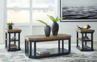 Beau set de 3 tables avec rangement en bois et acier bleu