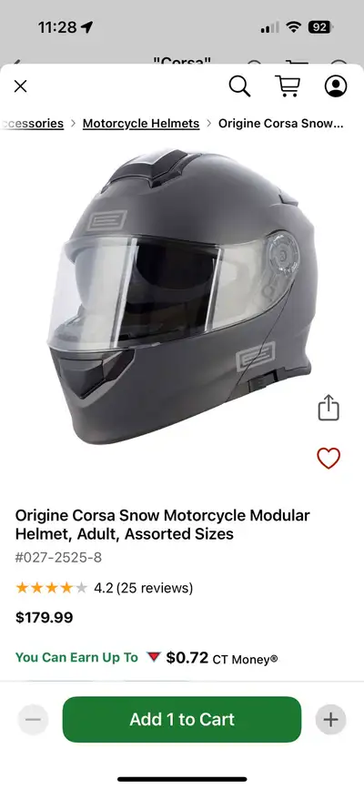 Motorcycle Helmet Origine Corsa Snow / Motorcycle Modular Helmet. Size Med(57 - 59 cm). Used one sea...
