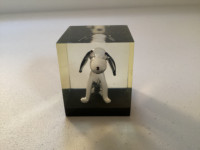 Lucite Resin Cube Paperweight with Beagle Puppy “Snoopy” Inside