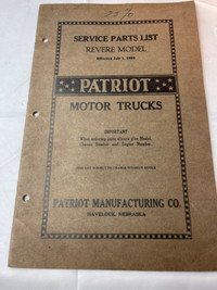 VINTAGE 1923 PATRIOT MOTOR TRUCKS SERVICE PARTS LIST#M01591