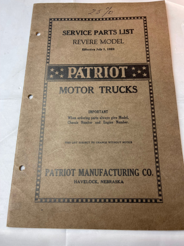 VINTAGE 1923 PATRIOT MOTOR TRUCKS SERVICE PARTS LIST#M01591 in Arts & Collectibles in Edmonton