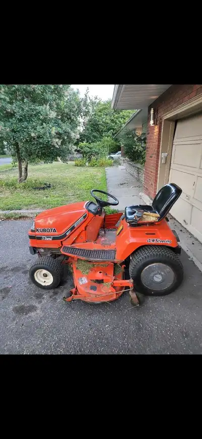 Diesel engine runs and works well. It has four wheel steering for easy sharp turns! Comes with lawn...