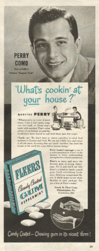 1940s two-color magazine ad - Perry Como for Fleer chewing gum