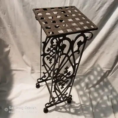 Antique wrought Iron fret work plant stand, square, iron lace, View more
