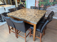 Gorgeous table + 8 chairs, square, bar height, marble