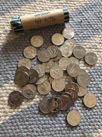 Roll of 1996 Canadian nickels.  Coins