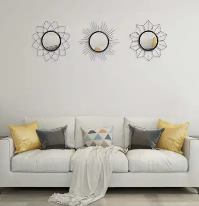 Set of 3 Mirrors for Wall Decor, Metal Black,