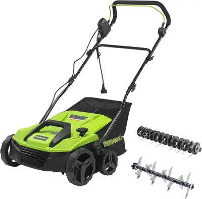 Selling a Greenworks 13A 14" Dethatcher and Scarifier. It's new in the box, never used. Details 2-IN...