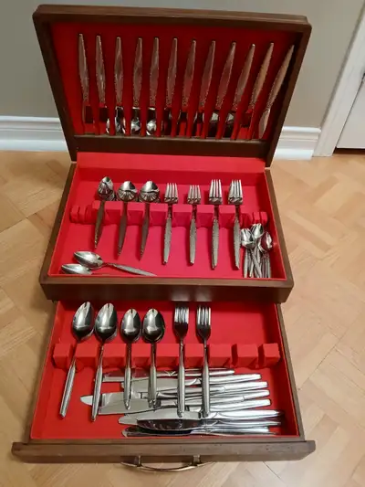 VINTAGE - 2 sets of STAINLESS STEEL FLATWARE in wooden box, View more