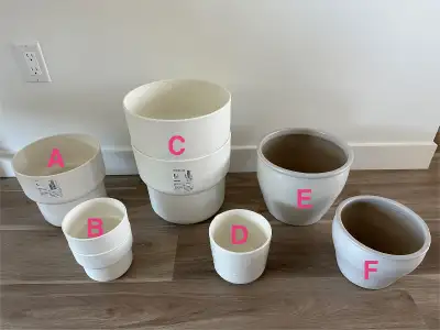 Variety of IKEA plant pots. Located in Whistle Bend. A, B & C are the FORENLIG family A - inner diam...
