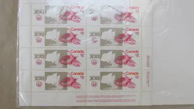 Canada Stamps #688. 1976 Olympics, $2 stamp, pane of 8. Sealed, with plate inscriptions. Mint - Very...