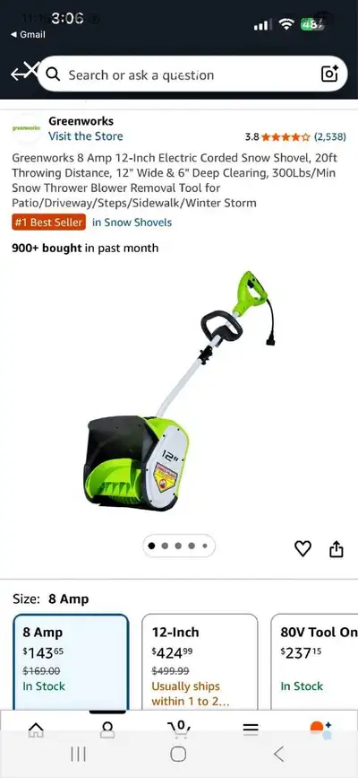 Electrical corded snowblower showel (Greenworks), View more
