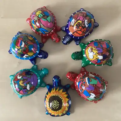 7 Handcrafted TALAVERA 2-Pc Turtle Trinket Boxes Folk Art Mexico, View more