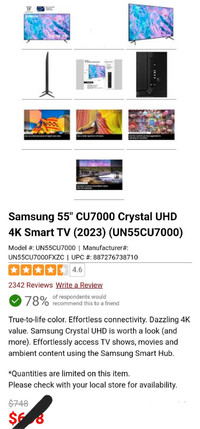 BRAND NEW SAMSUNG 55" 4K CRYSTAL UHD SMART TV PRICE IS FIRM $570