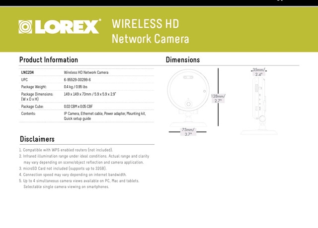 6 Lorex LNC234 WIFI Wireless 720P HD Network Camera  in General Electronics in City of Toronto - Image 4