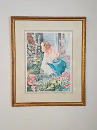 Framed & signed Picture: Girl watering flowers